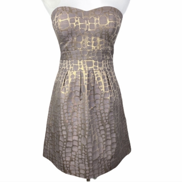 AMERICAN EAGLE AEO Gray Metallic Gold Alligator Skin Print Strapless Dress 0 EUC - Picture 1 of 7